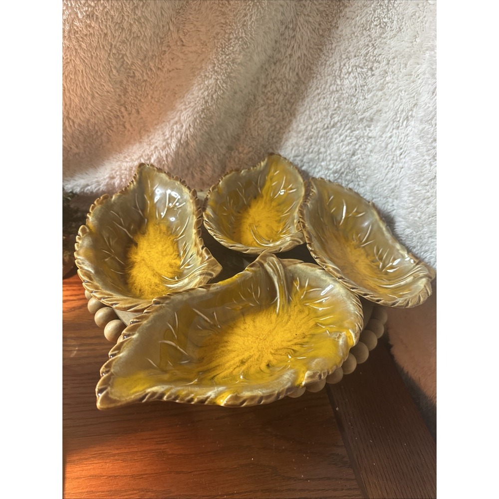4 Vintage California Pottery Leaf Relish Trinket Dish MCM Green 594 USA